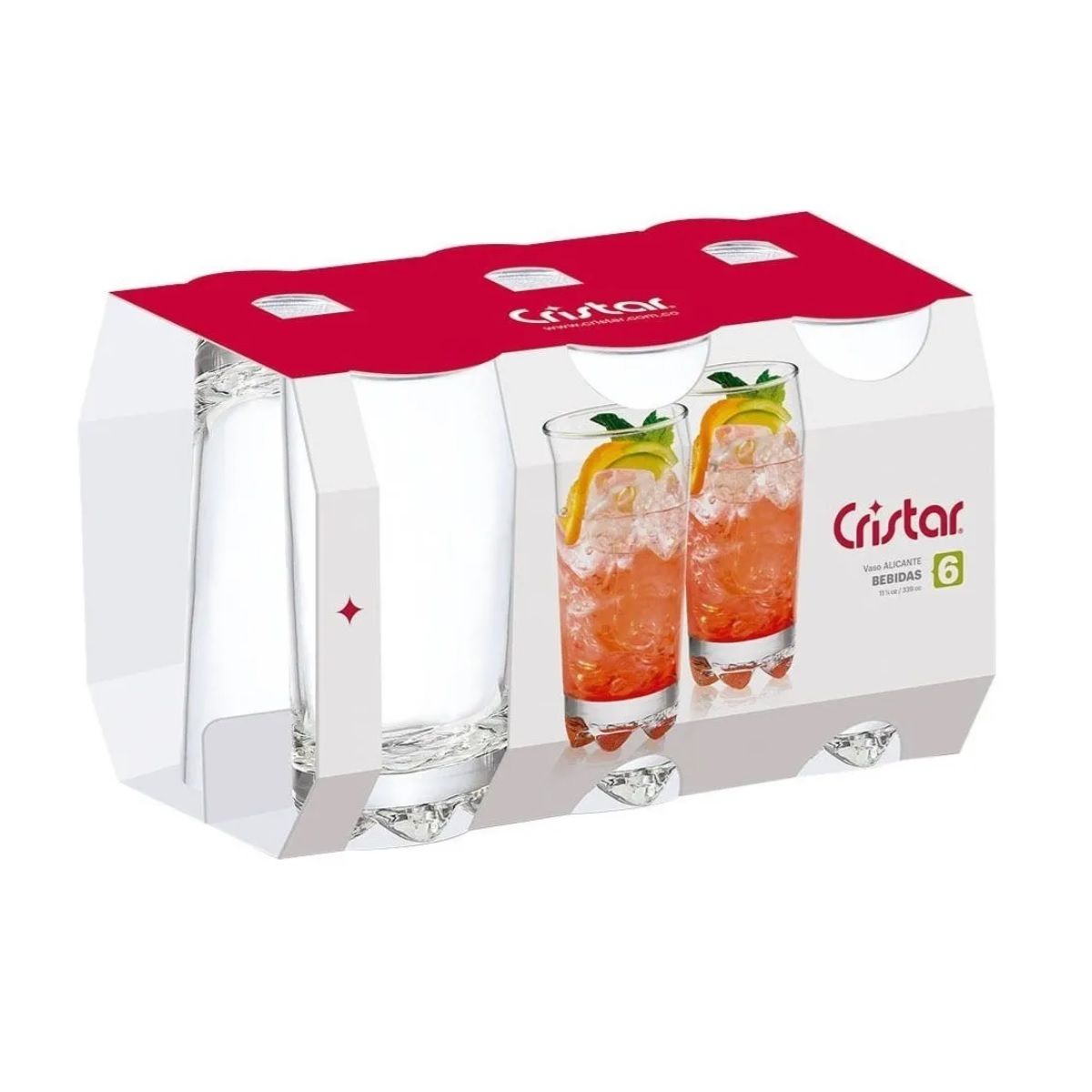 CRISTAR - Vaso de Vidrio Alto Para Agua  Bebidas, Coctel 339cc (Set 6)