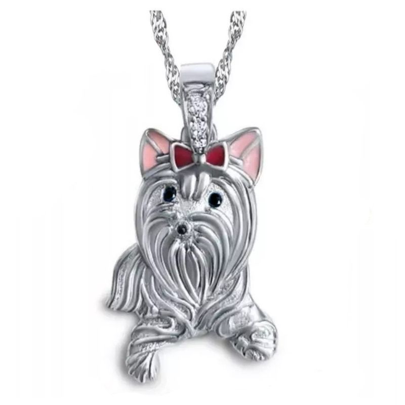 ARANY JOYAS - Collar Plata Pequeño Yorkshire Terrier Moño Rojo