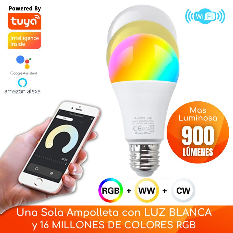 D MOTICA - Ampolleta Wifi Inteligente Alta Eficiencia 9W Blancos/RGB 900 Lúmenes