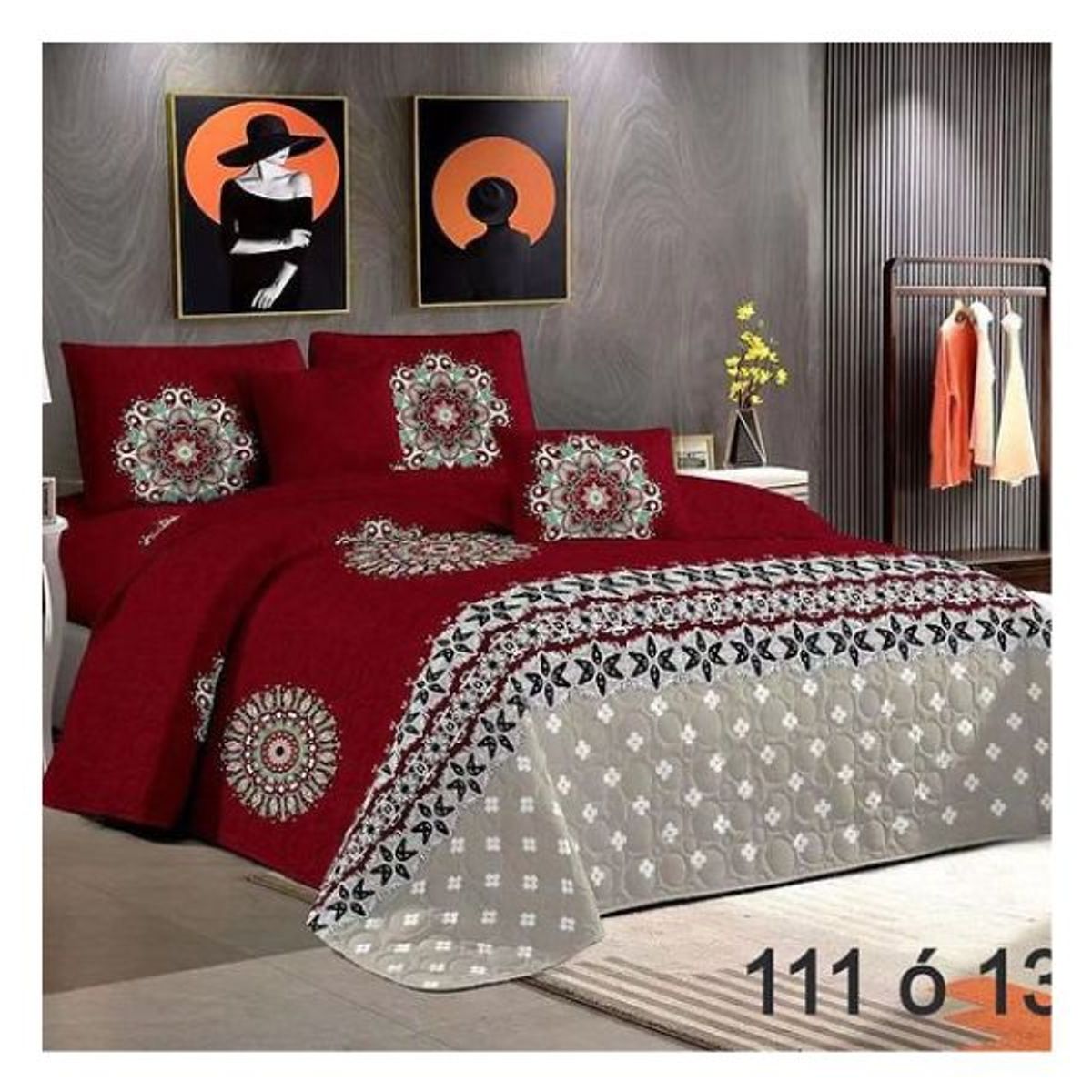 GENERICO - Cubrecama Quilt Verano King - Burdeo Gris Mándala M111