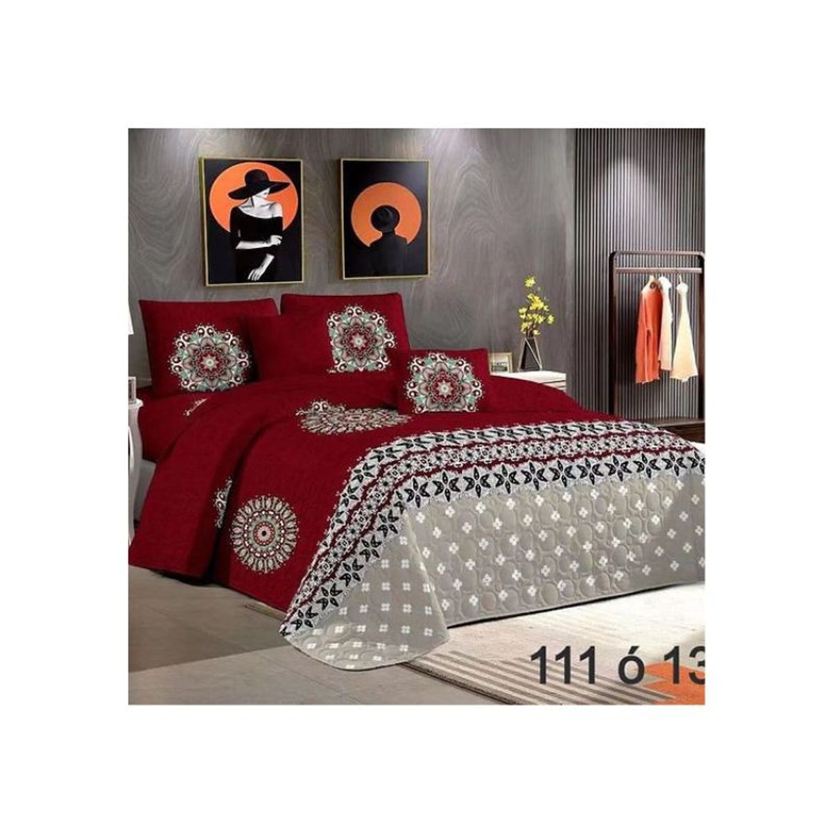 GENERICO - Cubrecama Quilt Verano King - Burdeo Gris Mándala M111