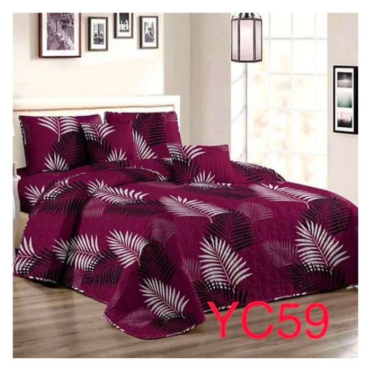 GENERICO - Cubrecama Quilt Verano King - Morado Hojas Palmeras Blancas YC59