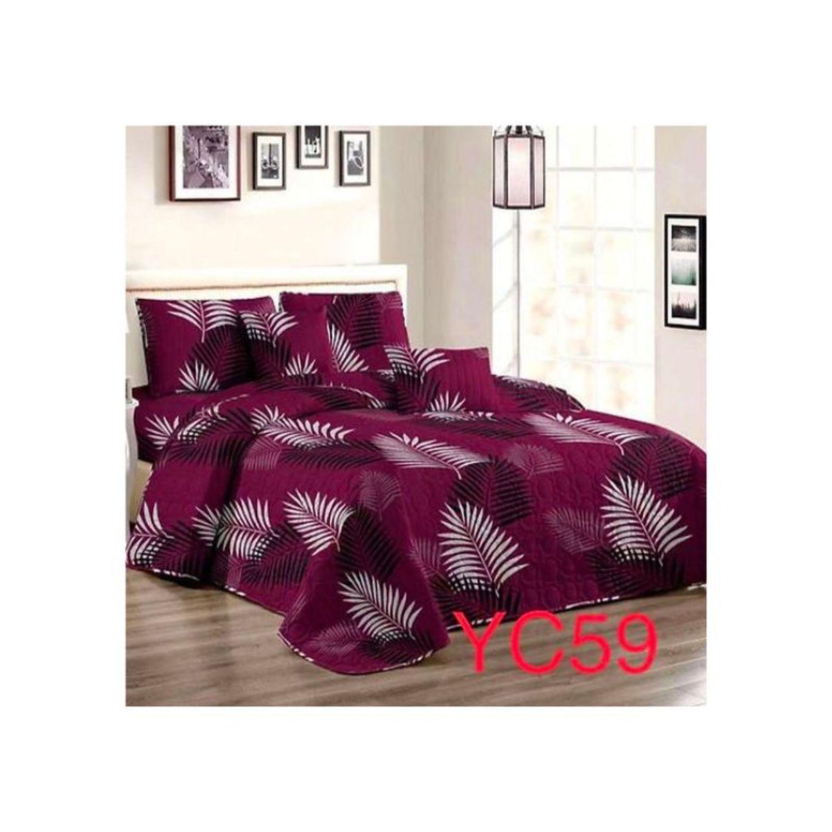 GENERICO - Cubrecama Quilt Verano King - Morado Hojas Palmeras Blancas YC59