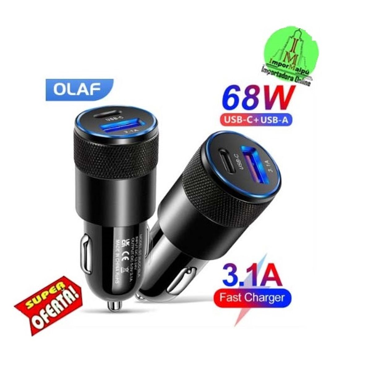 GENERICO - Cargador De Celular Auto Tipo C Carga Rapida Metal 3.1 Amp y USB 60w