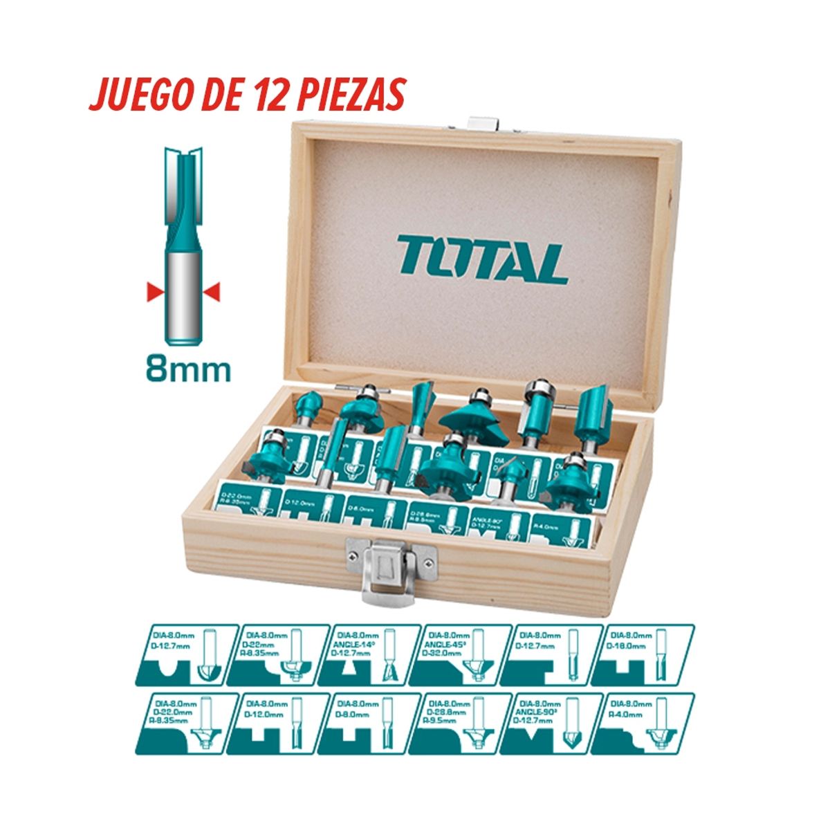TOTAL TOOLS - Set de Fresas 8mm 12 Piezas TOTAL