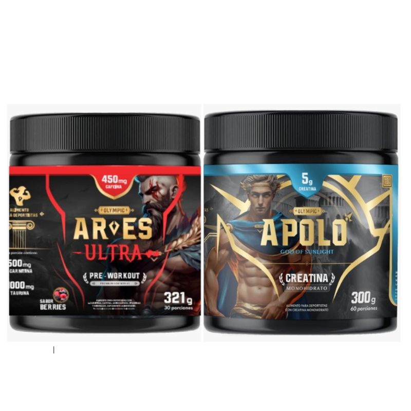 PALIKOS FITNESS - Creatina Apolo 300g (60 servicios) y pre entreno Ares 450 mg cafeina.