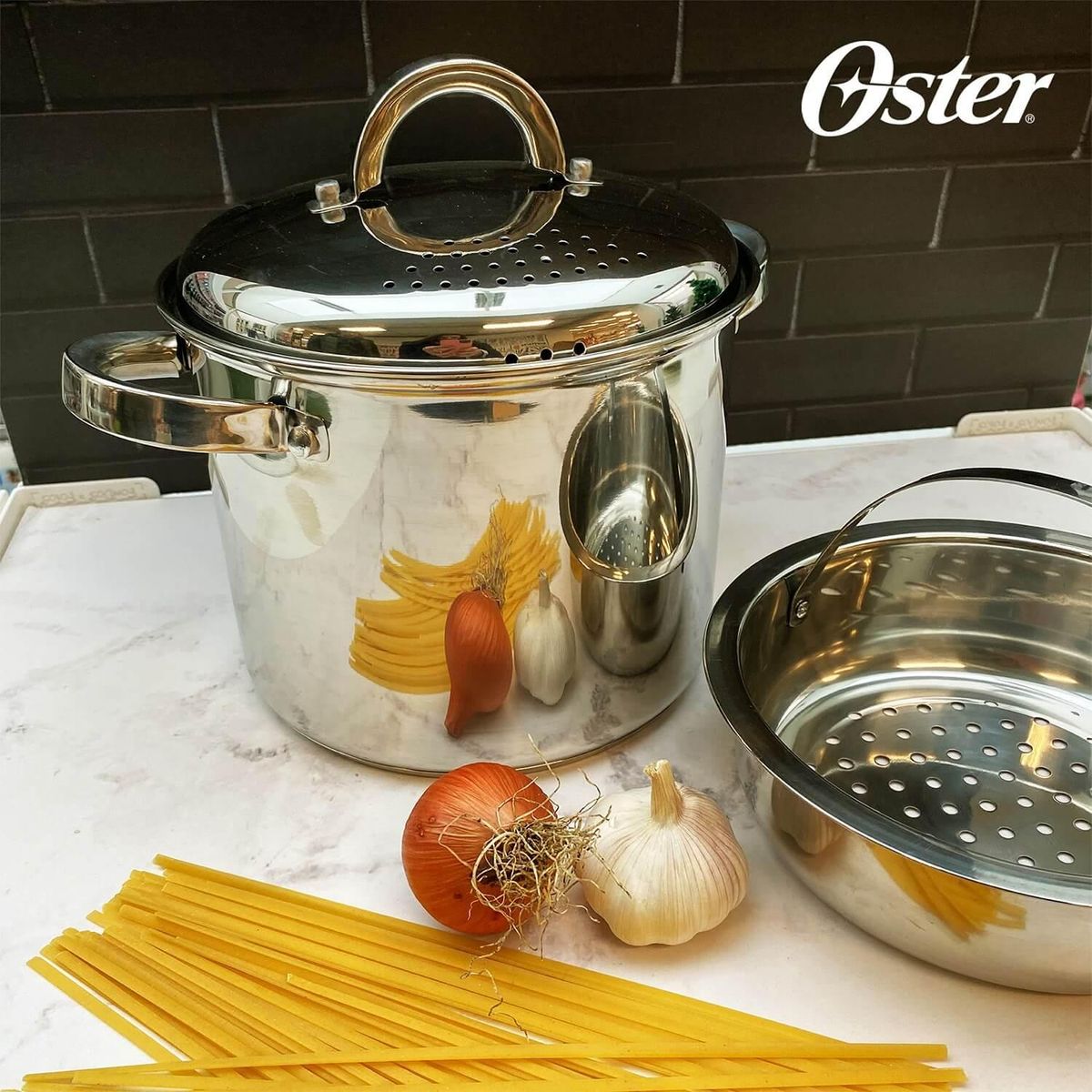 OSTER - Olla para pasta c/ colador y vaporera acero inoxidable Oster