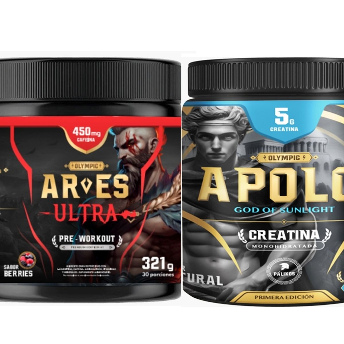 PALIKOS FITNESS - Creatina Apolo 500g (100 servicios) y pre entreno Ares 450 mg cafeina.