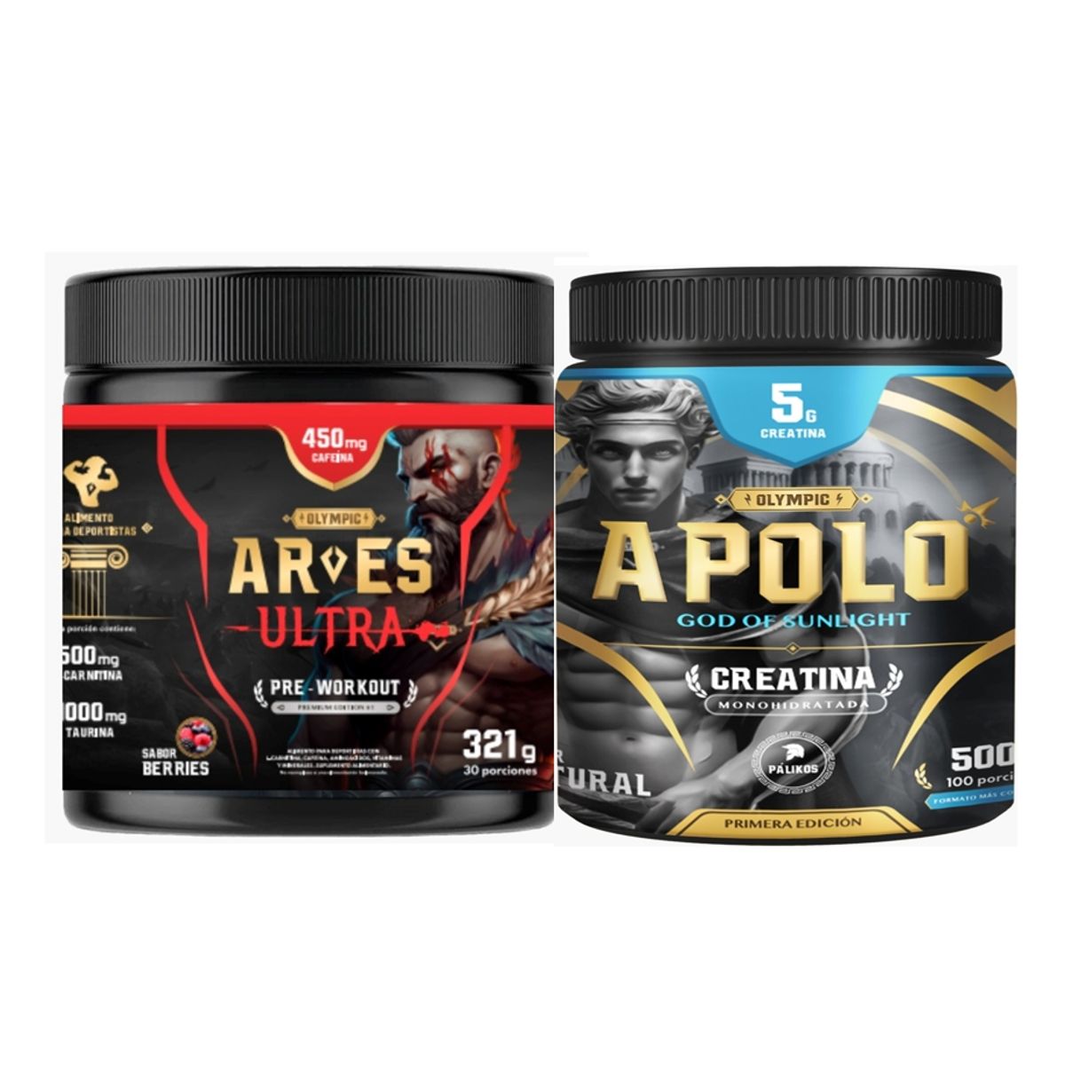 PALIKOS FITNESS - Creatina Apolo 500g (100 servicios) y pre entreno Ares 450 mg cafeina.