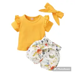 ANGO - Conjunto 3 piezas bebé VERANO POLERA Amarillo Bombacha Floral