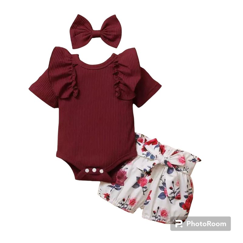 ANGO - Conjunto 3 piezas bebé VERANO Body Burdeo Floral