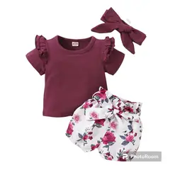 ANGO - Conjunto 3 piezas bebé VERANO POLERA Burdeo Bombacha Floral