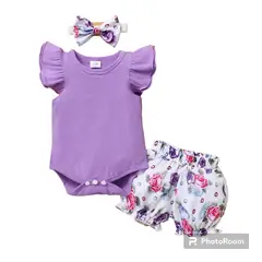 ANGO - Conjunto 3 piezas bebé VERANO Body LILA Bombacha Floral