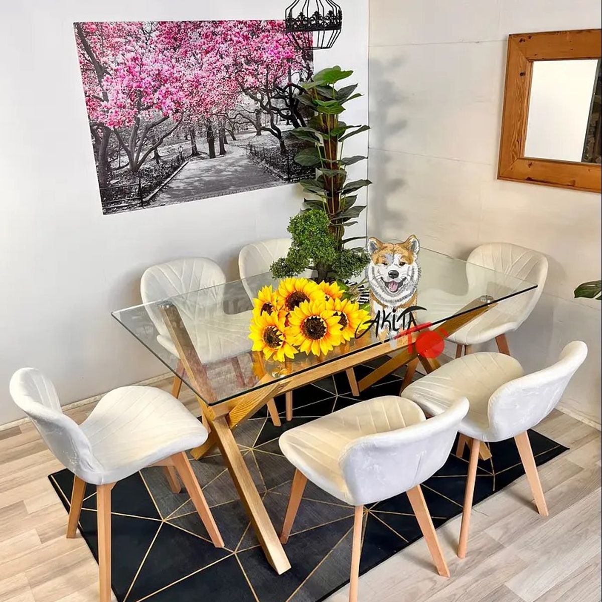 GENERICO - Comedor Madagascar (Mesa 140X90 VIDRIO + 6 Sillas radar velvet BLANCA)