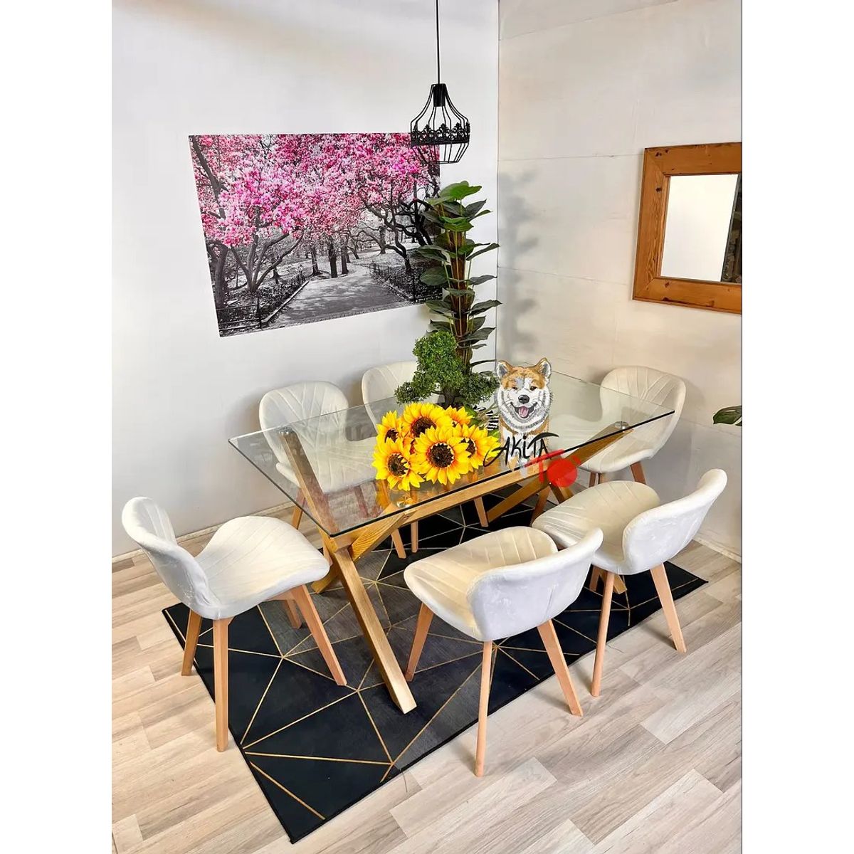 GENERICO - Comedor Madagascar (Mesa 140X90 VIDRIO + 6 Sillas radar velvet BLANCA)