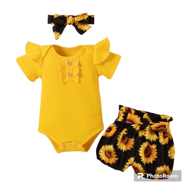 ANGO - Conjunto Ango Verano 3 piezas Amarillo Botones Bombacha Girasoles