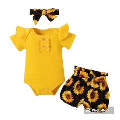 ANGO - Conjunto Verano 3 piezas Amarillo Botones Bombacha Girasoles