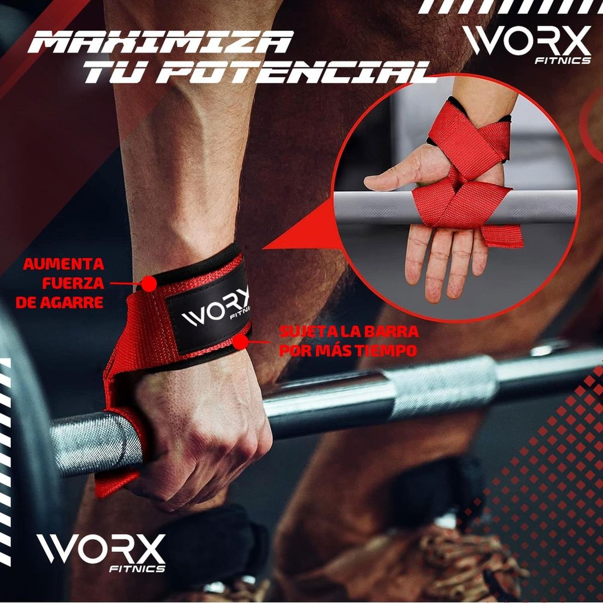 WORX - Straps Correas Levantamiento Pesas Gym Set 2 - Rojo