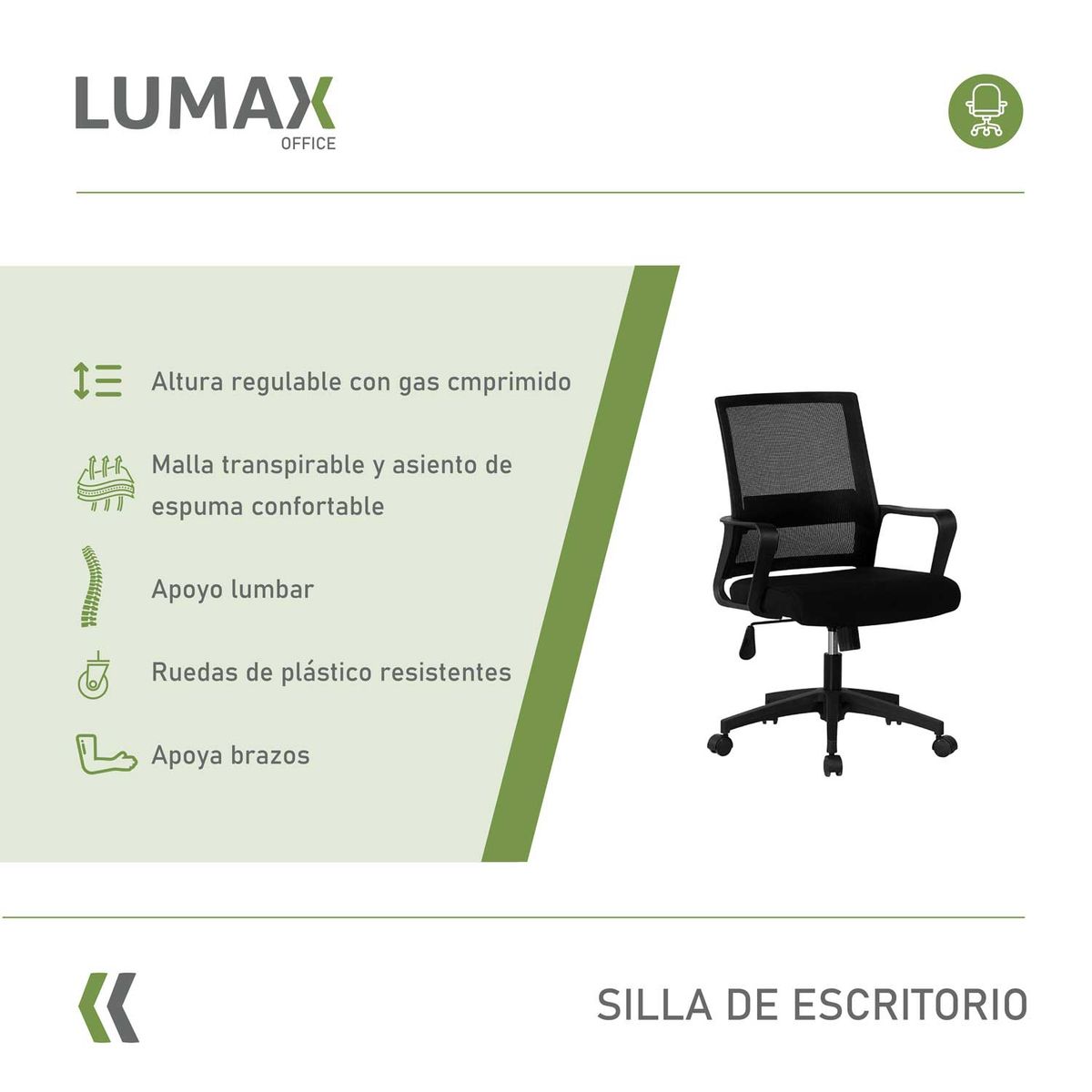 LUMAX - Silla de Escritorio Oficina Ryan Negro