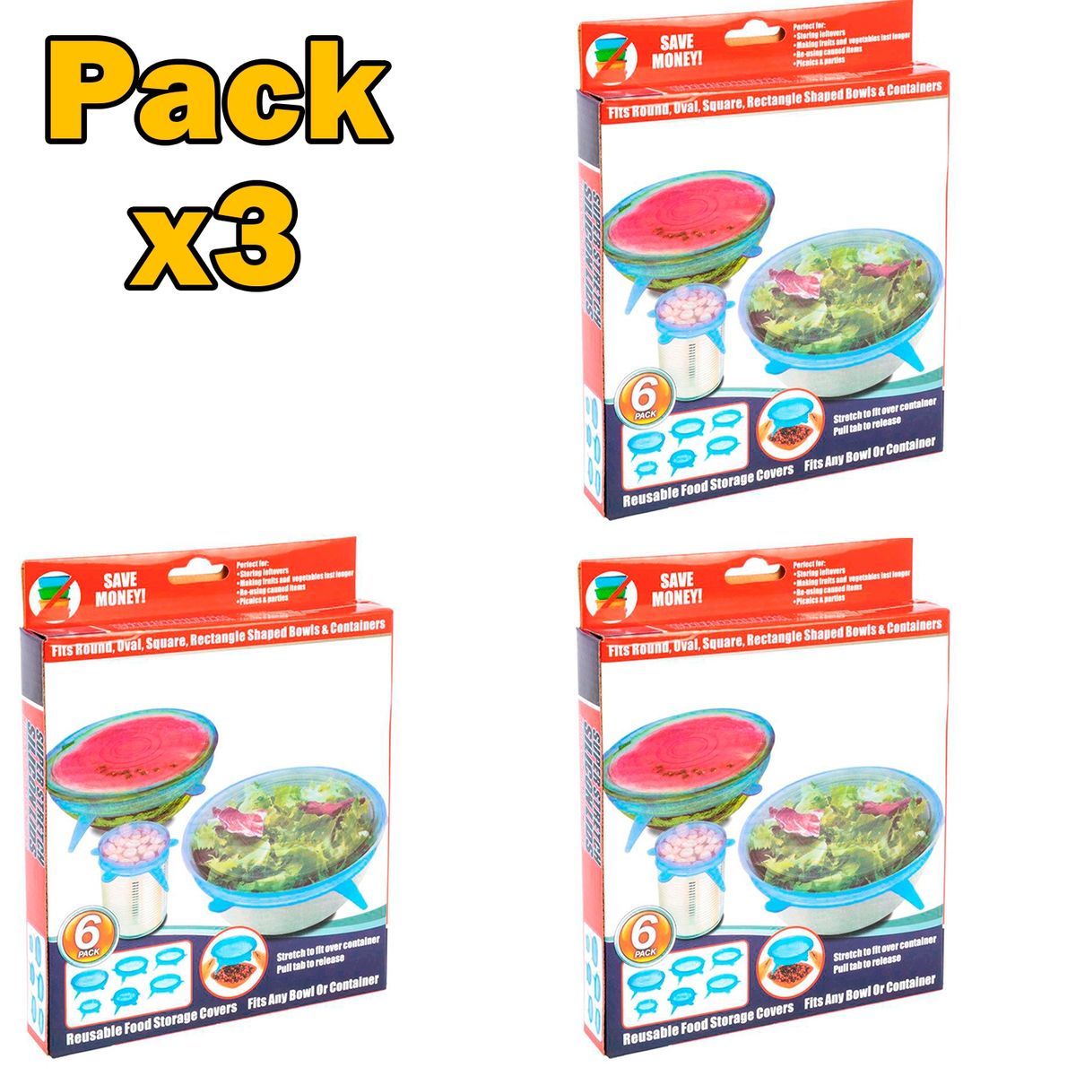GENERICO - Pack X3 Set 6 Tapas Silicona Extensible Anti Escurrimientos