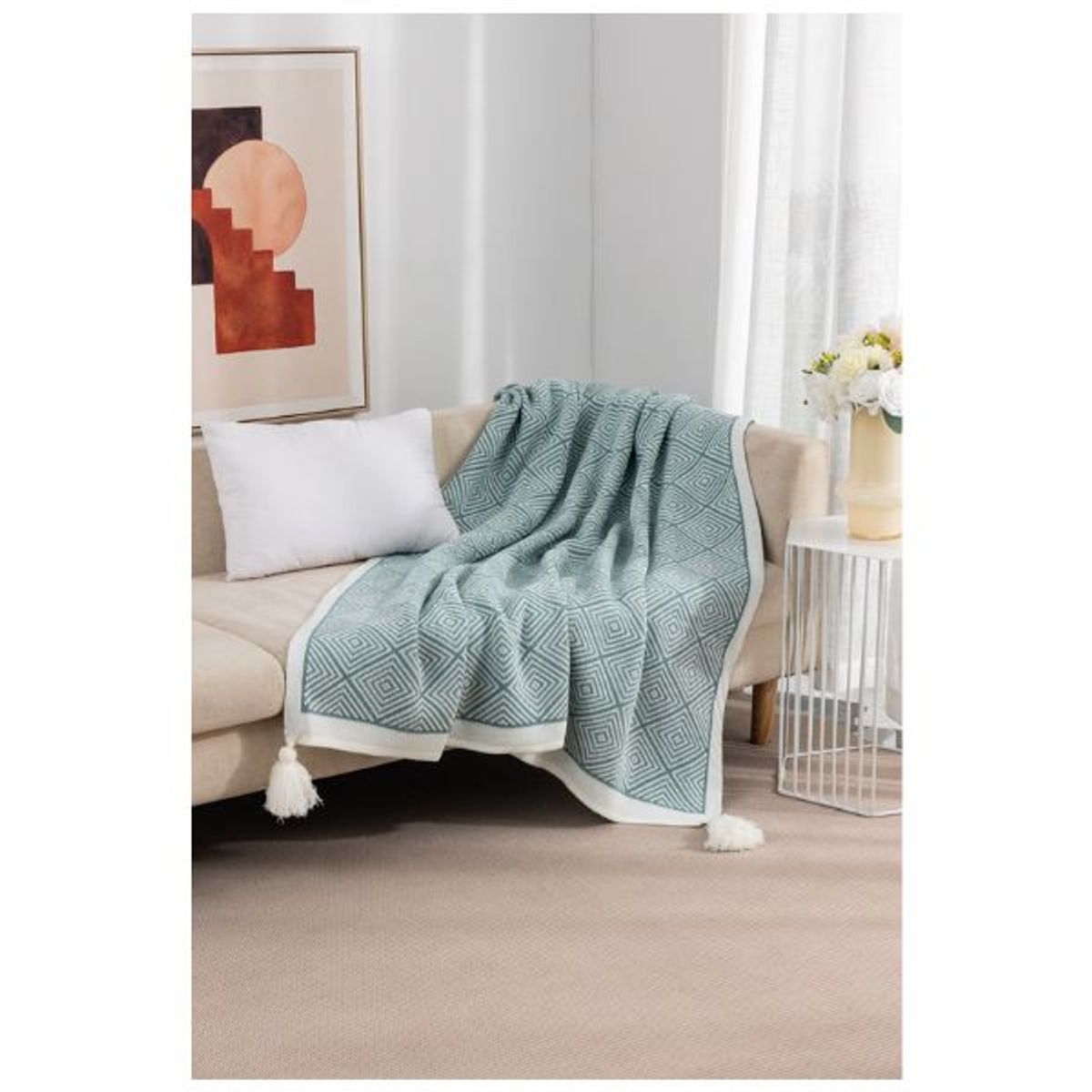 GENERICO - Manta Decorativa Para Cuarto Sofá - Verde Oscuro Rombo Pompón