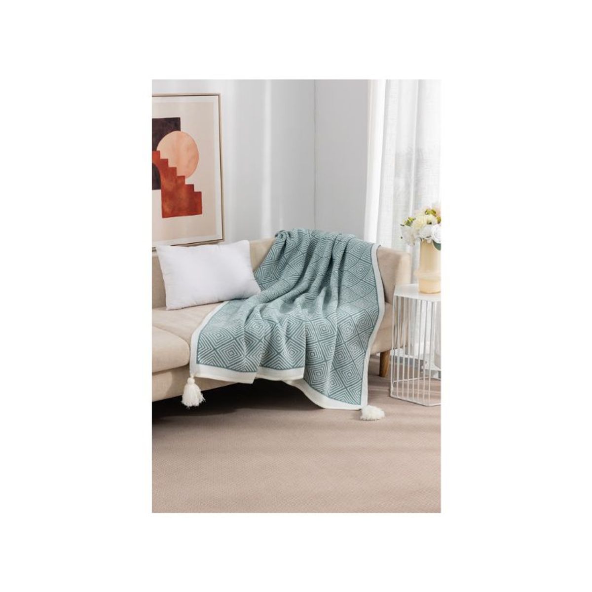 GENERICO - Manta Decorativa Para Cuarto Sofá - Verde Oscuro Rombo Pompón