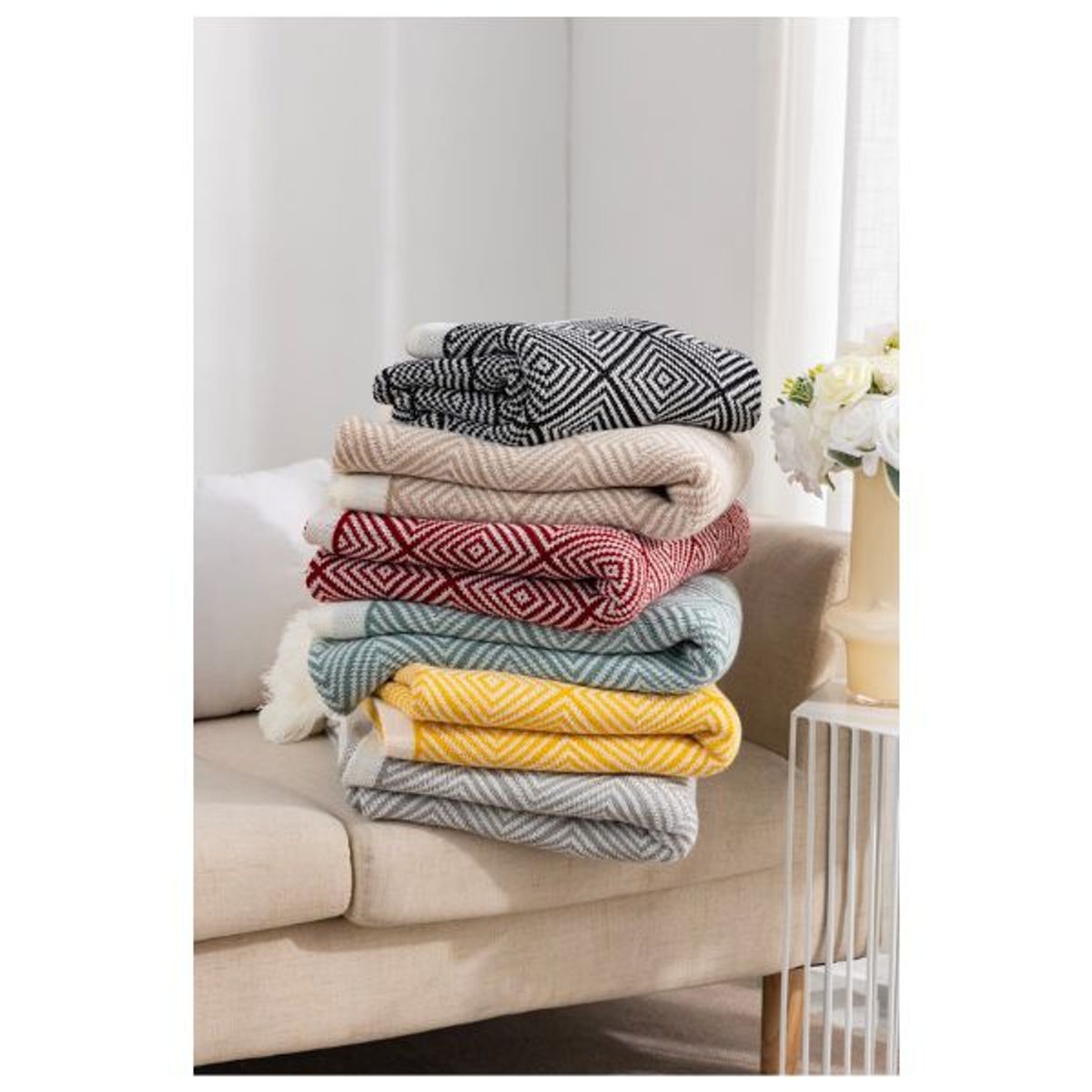 GENERICO - Manta Decorativa Para Cuarto Sofá - Verde Oscuro Rombo Pompón