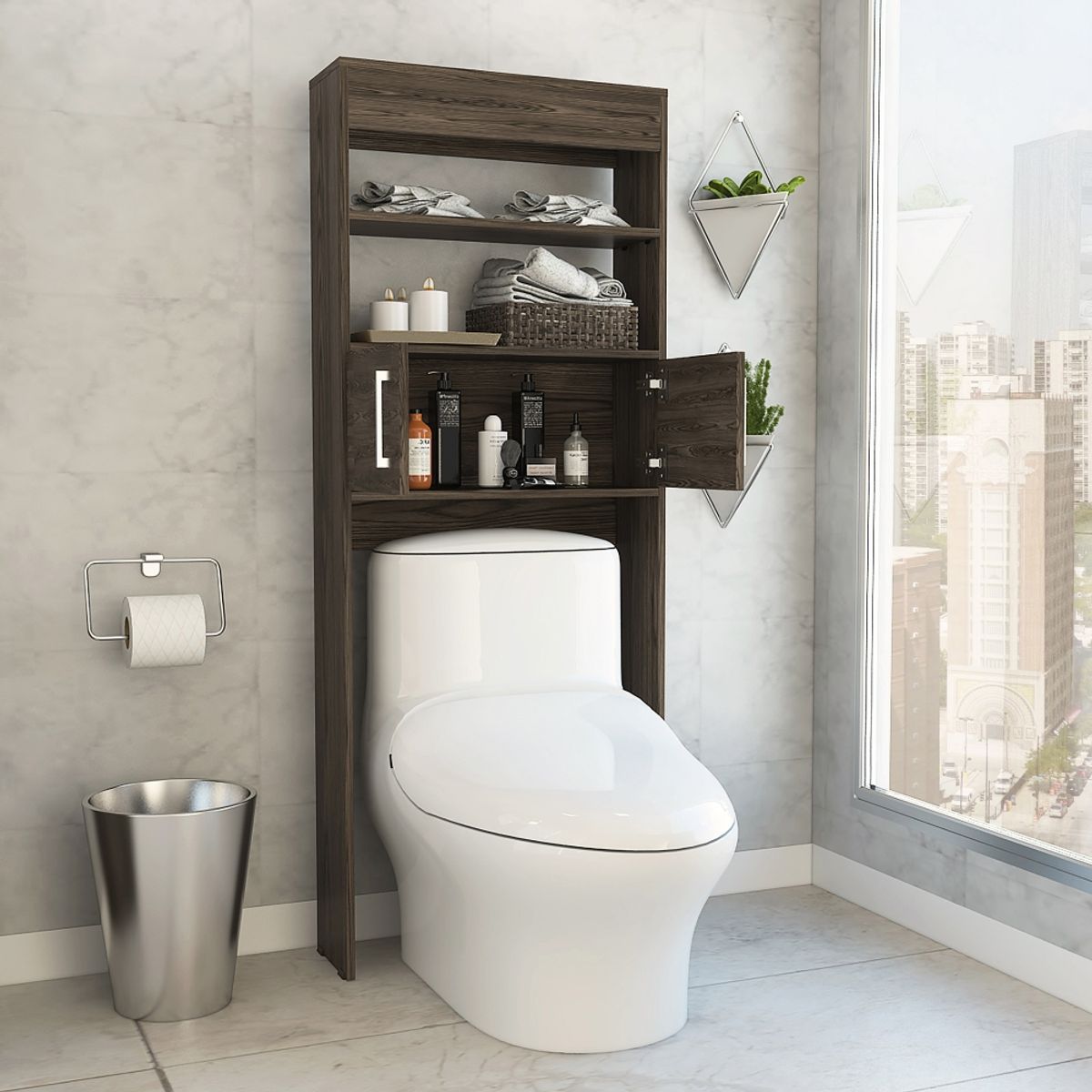 FMFURNITURE - Optimizador De Baño Con 2 Puertas - Café Oscuro 160x62.4x20.3 cm