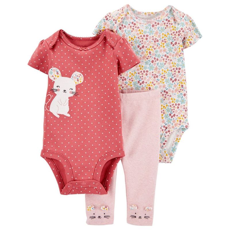 CARTERBELL - Pack 3 Prenda Ratoncito Infantil y Flores Carterbell 100% Algodón