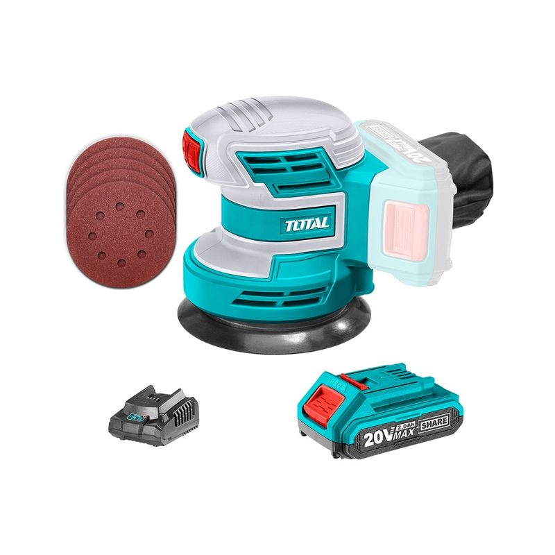 TOTAL TOOLS - Lijadora Inalámbrica 20v + Batería 2Aamp + Cargador + 5 Lijas TOTAL