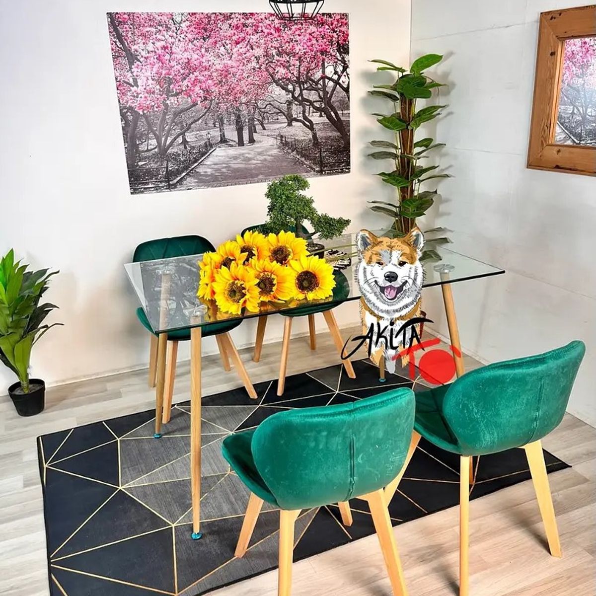 GENERICO - Comedor Tanzania (Mesa 120X80 VIDRIO + 4 Sillas radar velvet VERDE).