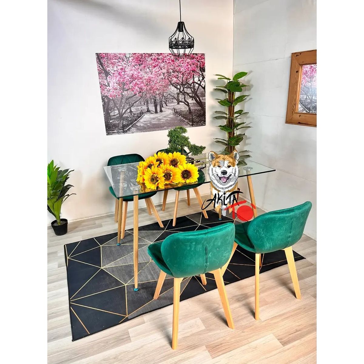 GENERICO - Comedor Tanzania (Mesa 120X80 VIDRIO + 4 Sillas radar velvet VERDE).