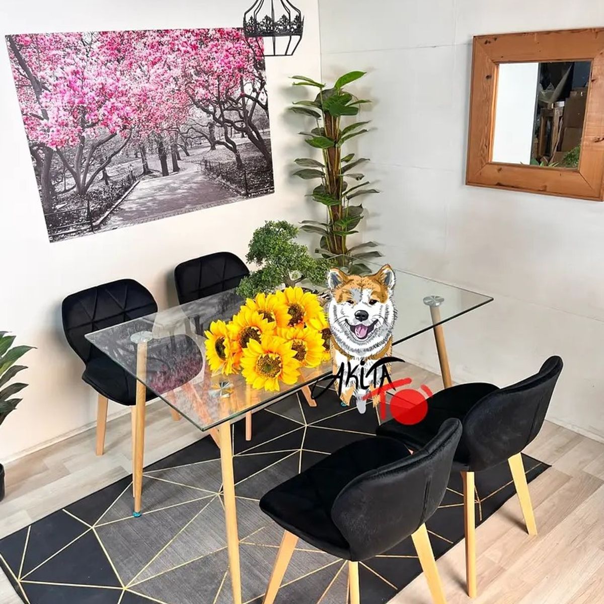 GENERICO - Comedor Tanzania (Mesa 120X80 VIDRIO + 4 Sillas radar velvet NEGRO).