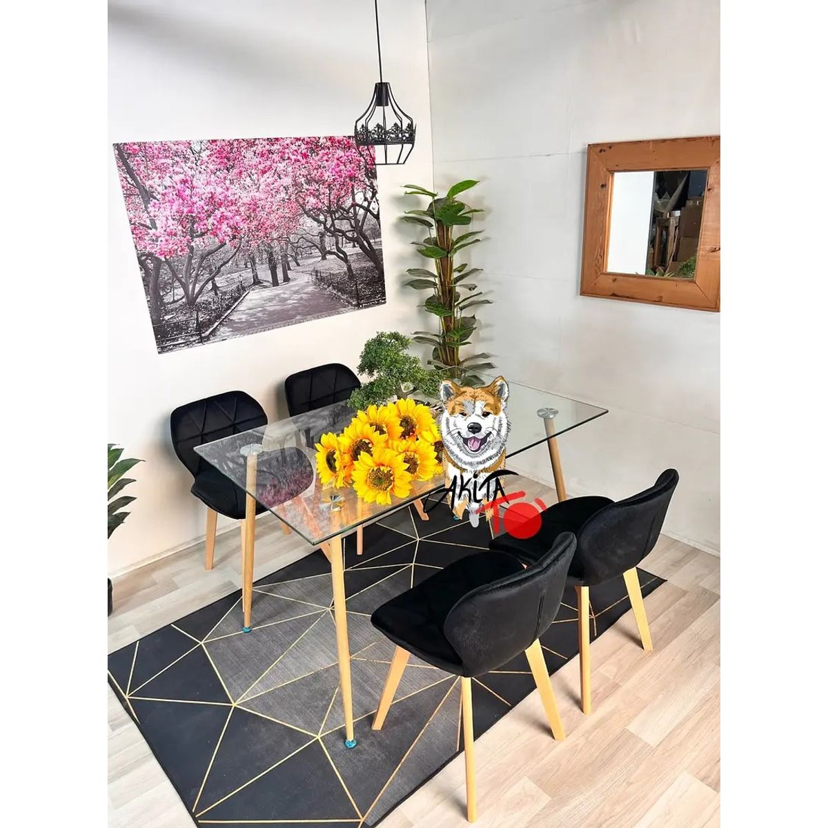 GENERICO - Comedor Tanzania (Mesa 120X80 VIDRIO + 4 Sillas radar velvet NEGRO).