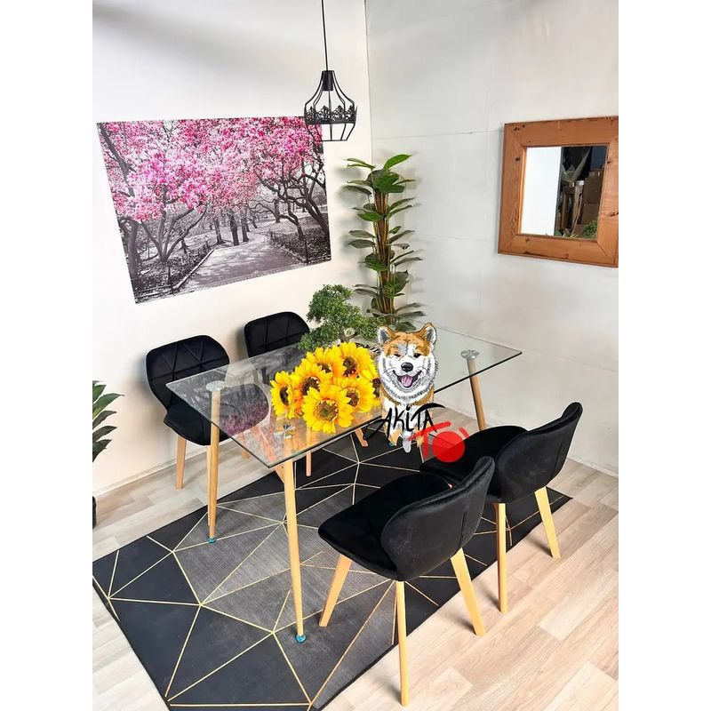 GENERICO - Comedor Tanzania (Mesa 120X80 VIDRIO + 4 Sillas radar velvet NEGRO).