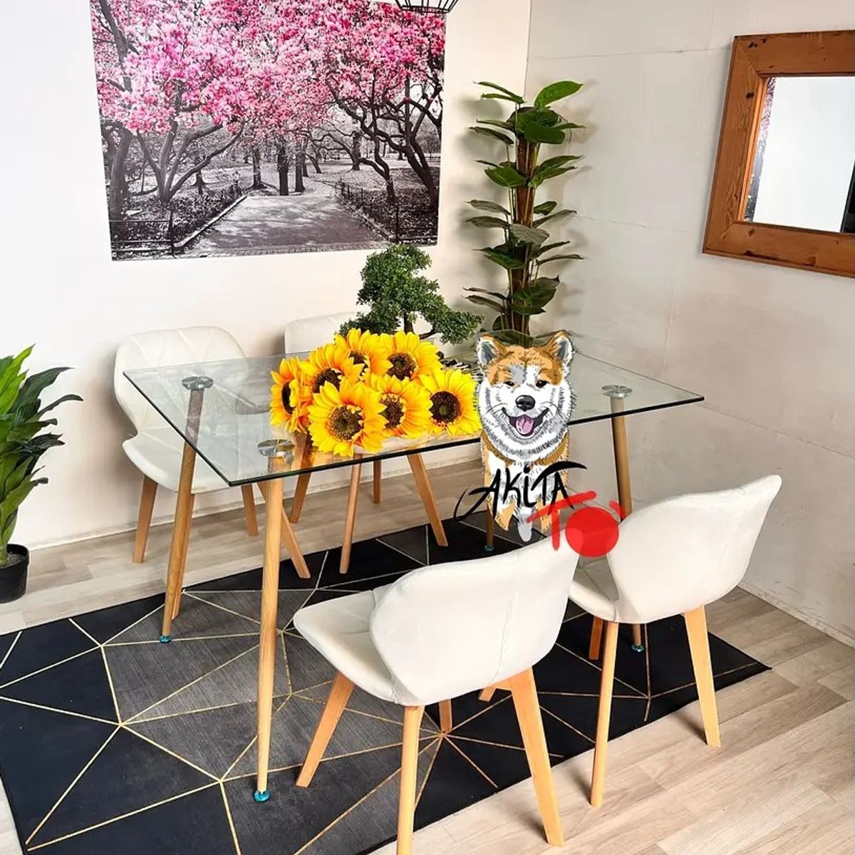 GENERICO - Comedor Tanzania (Mesa 120X80 VIDRIO + 4 Sillas radar velvet CREMA)