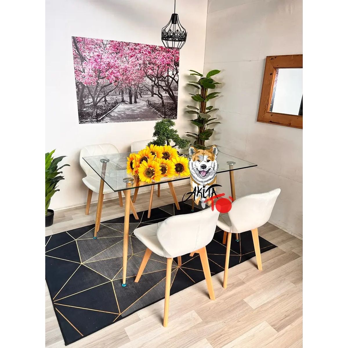 GENERICO - Comedor Tanzania (Mesa 120X80 VIDRIO + 4 Sillas radar velvet CREMA)