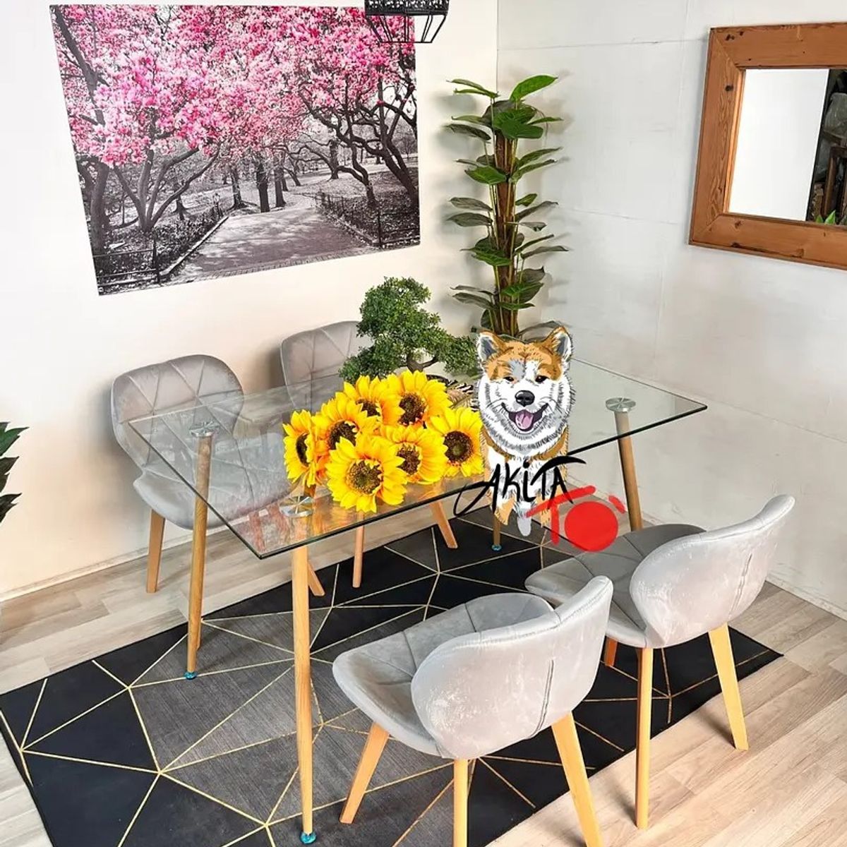 GENERICO - Comedor Tanzania (Mesa 120X80 VIDRIO + 4 Sillas radar velvet GRIS)