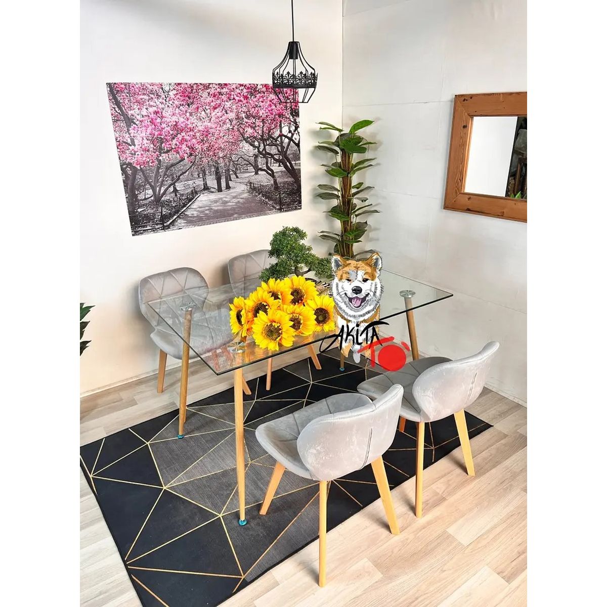 GENERICO - Comedor Tanzania (Mesa 120X80 VIDRIO + 4 Sillas radar velvet GRIS)