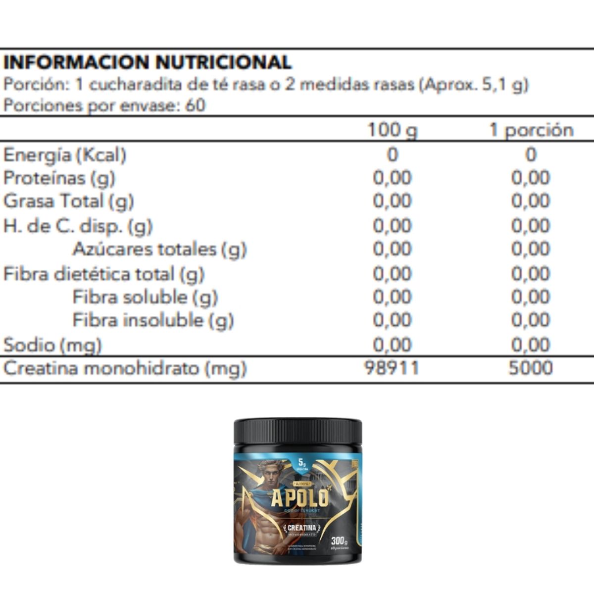 PALIKOS FITNESS - Creatina monohidratda Apolo 300 gramos  micronizada.
