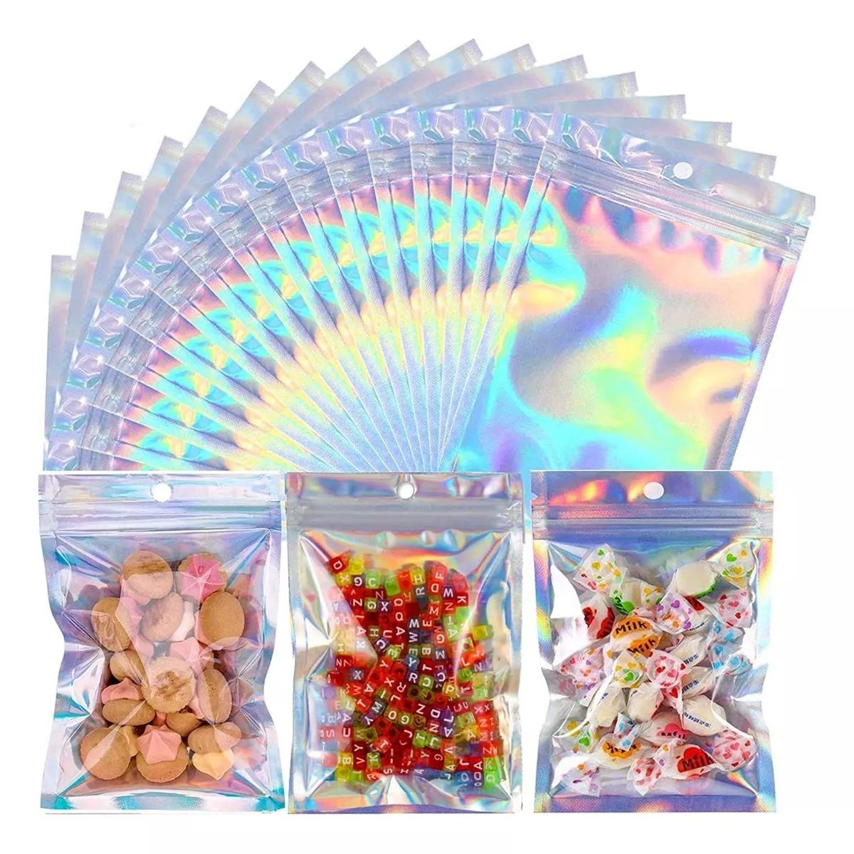 KUANGYE - 100 Bolsas Stand Up Pouch Plata Transparente Cierre 12×20 Cm