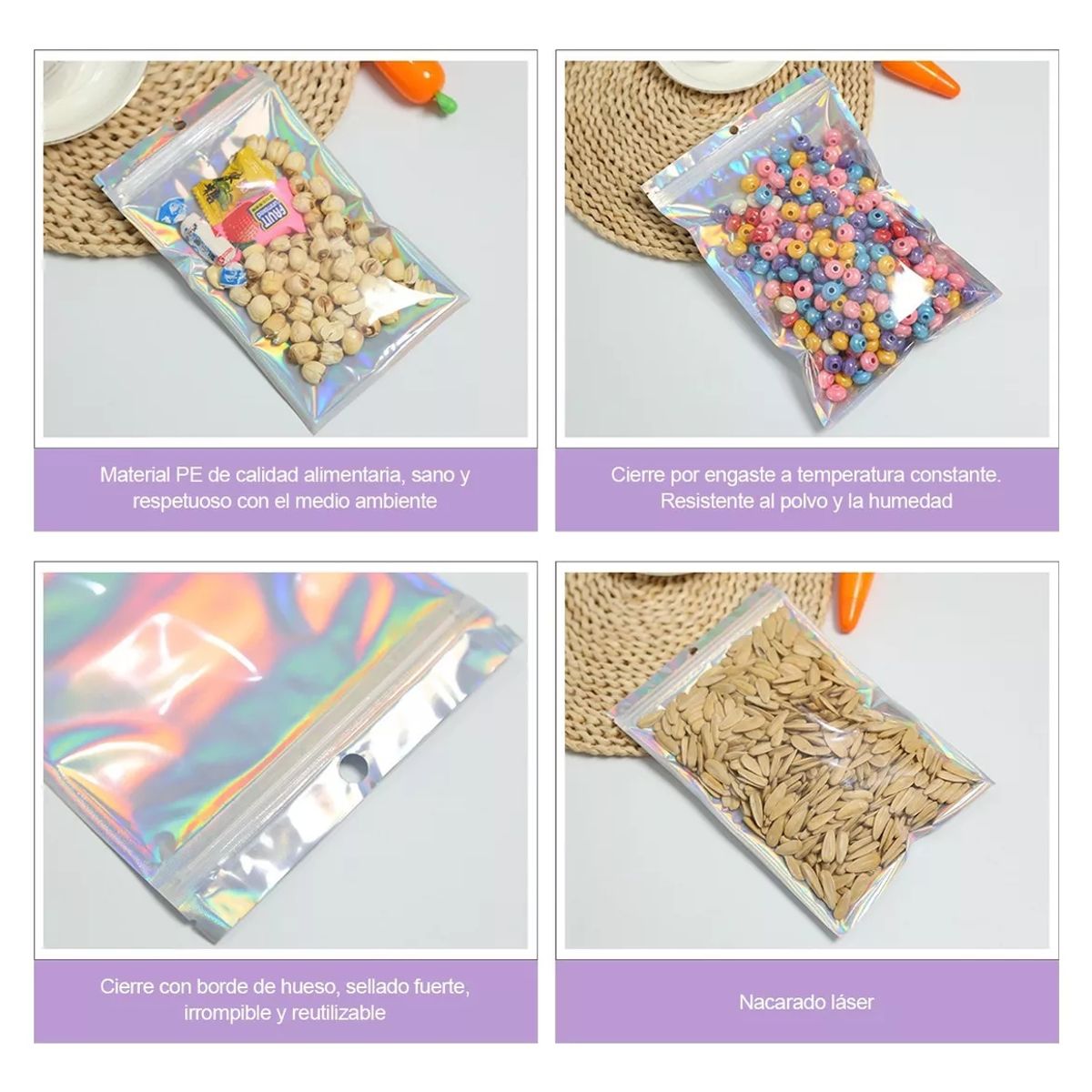 KUANGYE - 200 Bolsas Pouch Holográficas A Prueba De Olores Con Cierre