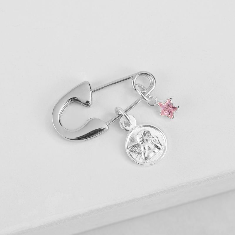BY LAS CAYETANAS - Ganchito Bebe en Plata 925 con Angel de la Guarda y Estrella rosa