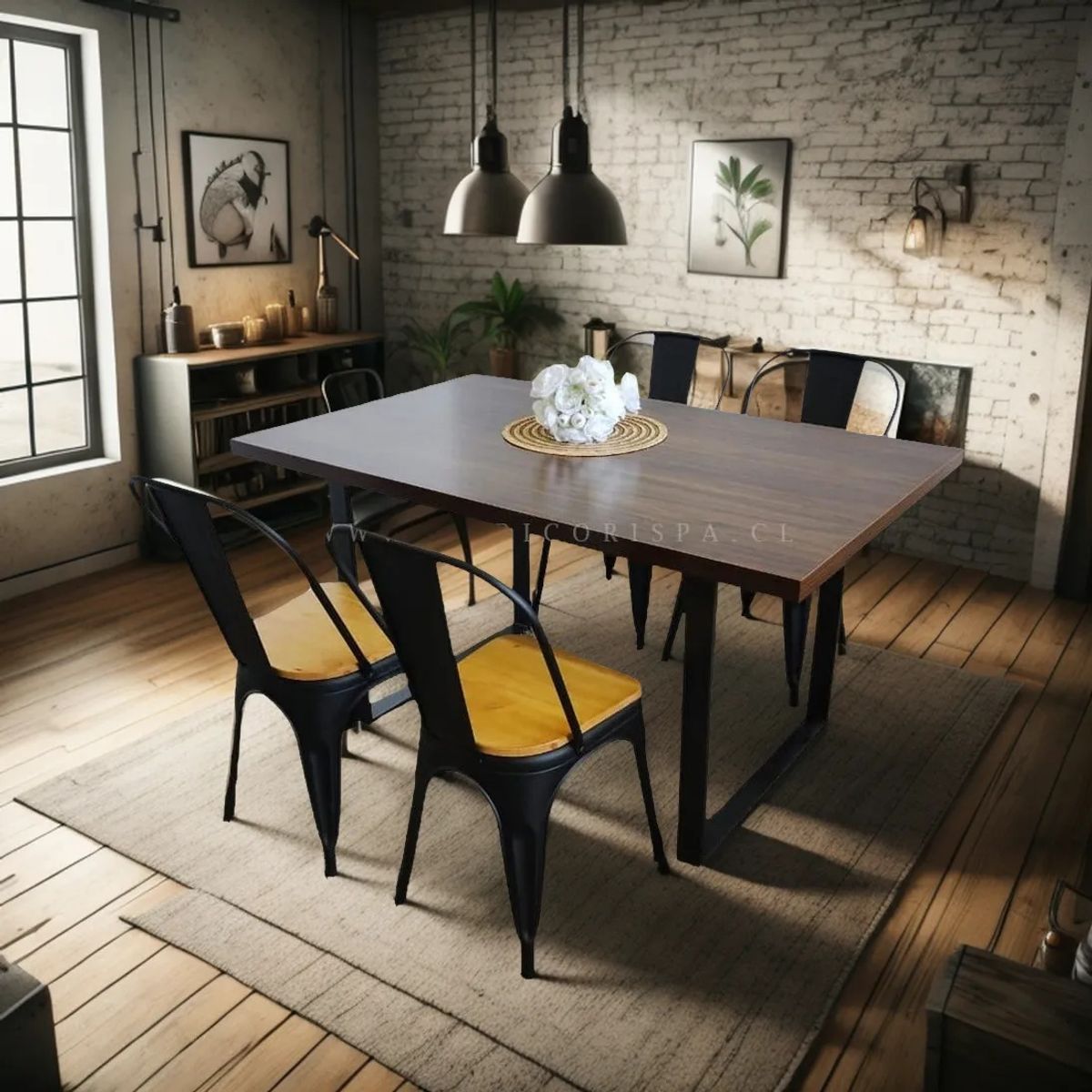 CORI CORI - Juego de comedor Industrial 140x90 + 4 Tolix Negras (Madera)