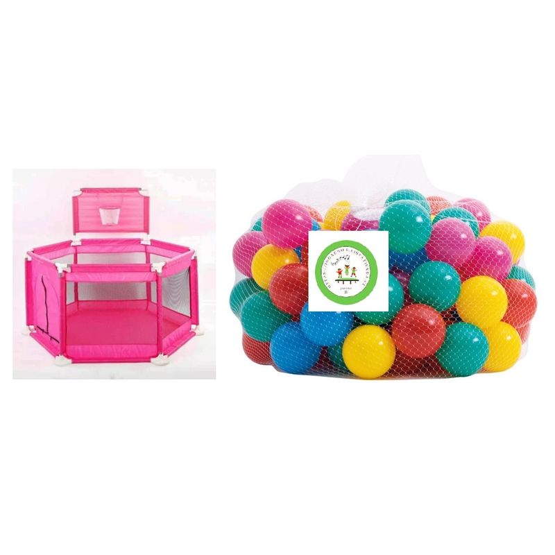 GENERICO - CORRAL CON ARO BASKETBALL 200 PELOTAS PLÁSTICAS 5.5CM ROSADO