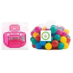 GENERICO - CORRAL CON ARO BASKETBALL 200 PELOTAS PLÁSTICAS 5.5CM ROSADO