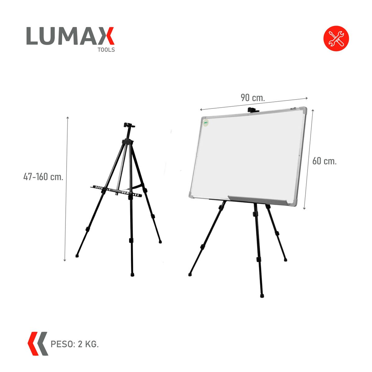 LUMAX - Pizarra Blanca con Atril Telescopico Plegable 90x60cm