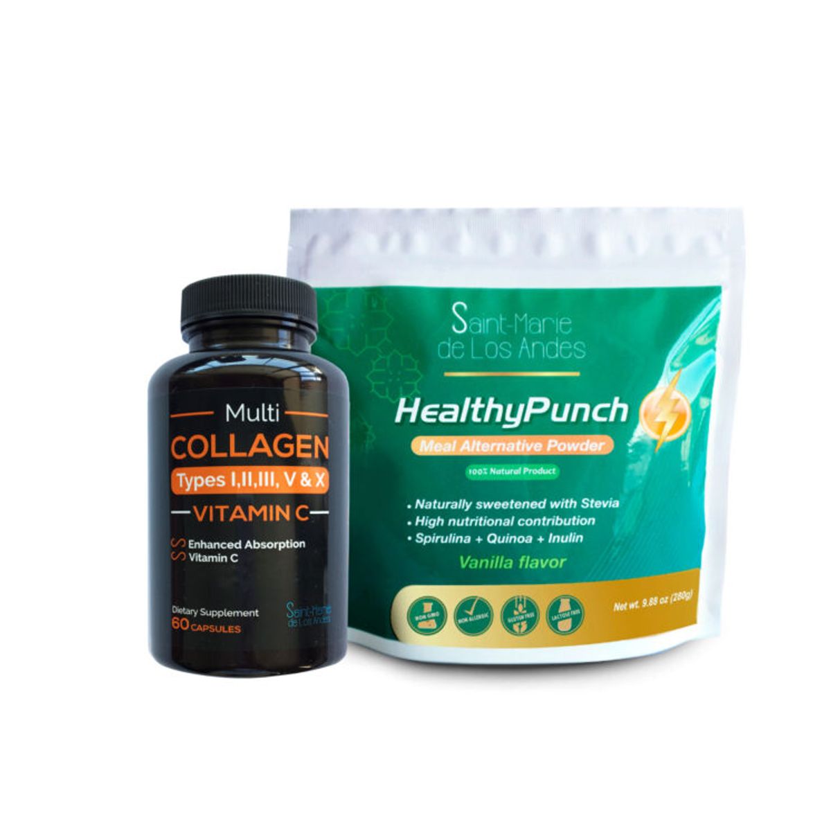 SAINT MARIE DE LOS ANDES - Cápsulas de Colágeno Tipos I II III V X  VitC + SPIRULINA. QUINOA. INULINA