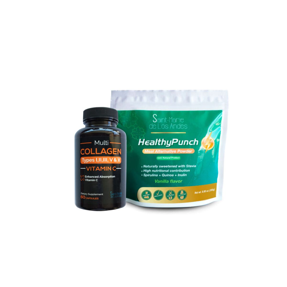 SAINT MARIE DE LOS ANDES - Cápsulas de Colágeno Tipos I II III V X  VitC + SPIRULINA. QUINOA. INULINA