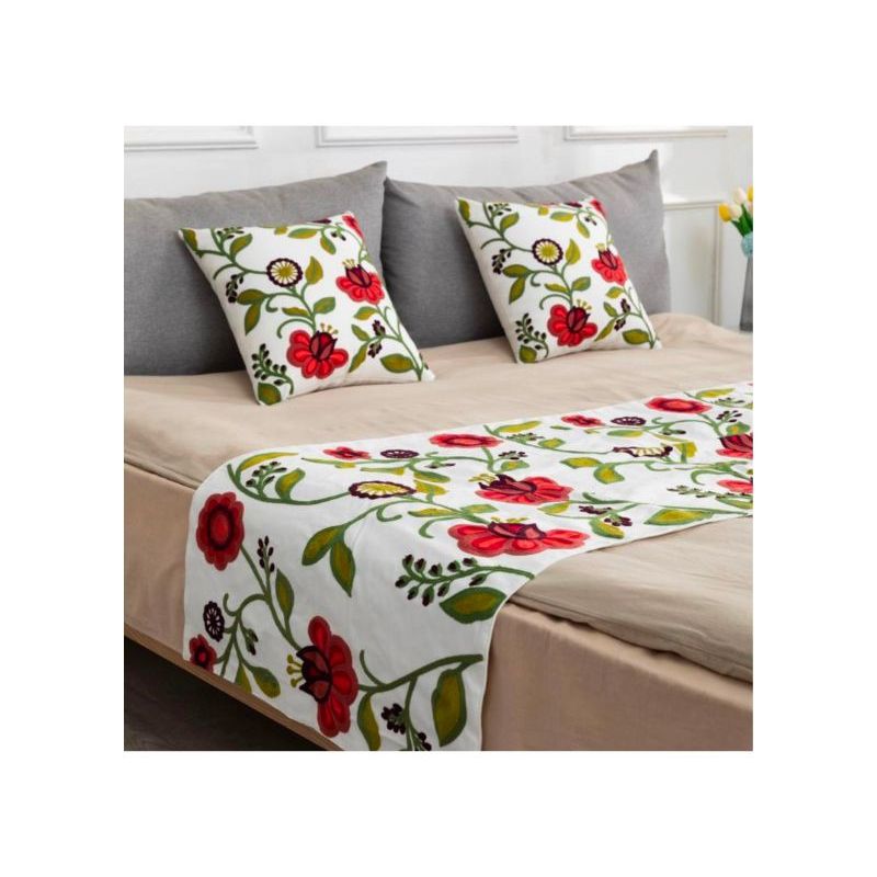 GENERICO - Piecera Bordada 2 Plazas 70 x 210 cm Flores Rojas